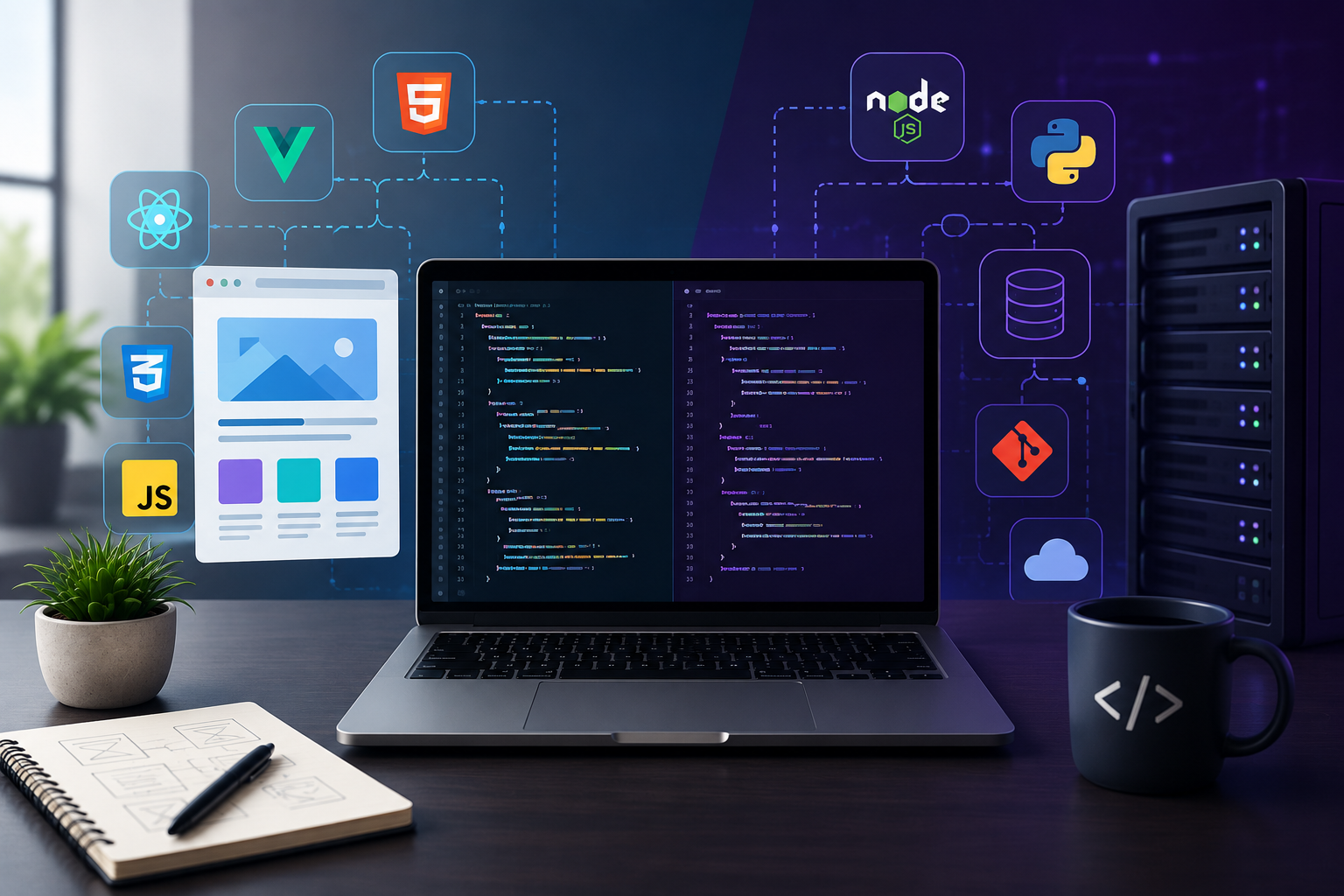 Full stack development guide explaining front-end, back-end, databases, and essential programming skills for beginners.