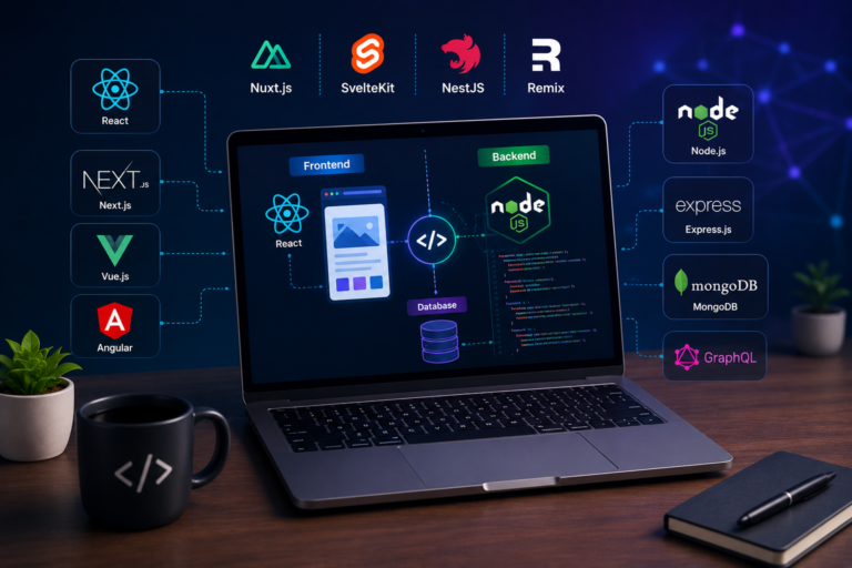 Best full stack development frameworks in 2026 featuring React, Node.js, Next.js, Django, and Laravel for modern web applications.
