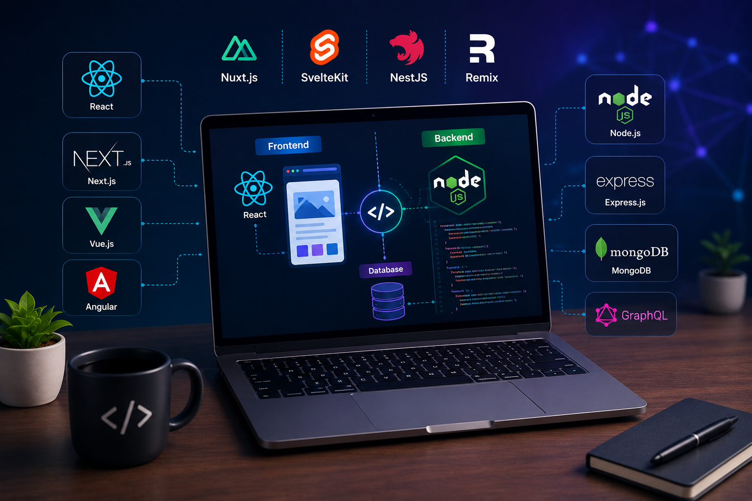 Best full stack development frameworks in 2026 featuring React, Node.js, Next.js, Django, and Laravel for modern web applications.