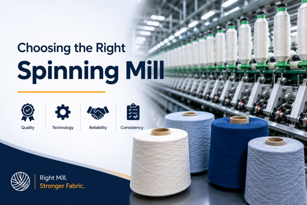 Choosing the Right Spinning Mill guide featuring yarn cones and a modern textile spinning factory production line.
