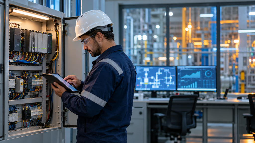 Engineer reviewing a PLC control panel at an industrial automation company