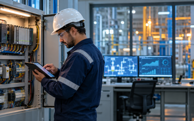 Engineer reviewing a PLC control panel at an industrial automation company